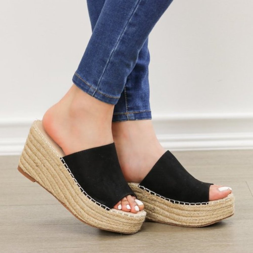 Open Toe Espadrille Slide Sandals Wedge Heel